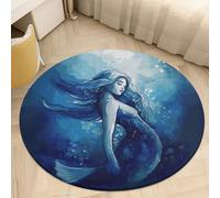 Plush Coral Velvet Round Area Rug 3' Ultra-Thin 0.2" Blue Mermaid Floor Mat Non-Slip TPR Backing Low Pile Washable Welcome Front Door Mats for Bedroom Bathroom Entryway Decor