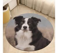 Plush Coral Velvet Round Area Rug 3' Ultra-Thin 0.2" Border Collie Floor Mat Non-Slip TPR Backing Low Pile Washable Welcome Front Door Mats for Bedroom Bathroom Entryway Decor