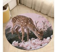 Plush Coral Velvet Round Area Rug 3' Ultra-Thin 0.2" Deer Among Pink Cherry Blossoms Floor Mat Non-Slip TPR Backing Low Pile Washable Welcome Front Door Mats for Bedroom Entryway Decor