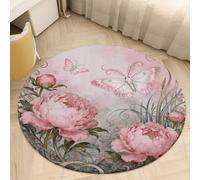 Plush Coral Velvet Round Area Rug 3' Ultra-Thin 0.2" Moth Peony Cluster Floor Mat Non-Slip TPR Backing Low Pile Washable Welcome Front Door Mats for Bedroom Entryway Decor