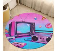 Plush Coral Velvet Round Area Rug 3' Ultra-Thin 0.2" Retro Gadgets Collage Floor Mat Non-Slip TPR Backing Low Pile Washable Welcome Front Door Mats for Bedroom Entryway Decor