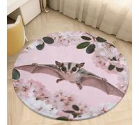 Plush Coral Velvet Round Area Rug 3' Ultra-Thin 0.2" Sugar Glider Over Cherry Blossoms Floor Mat Non-Slip TPR Backing Low Pile Washable Welcome Front Door Mats for Bedroom Entryway Decor