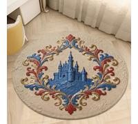 Plush Coral Velvet Round Area Rug 3' Ultra-Thin 0.2" Vintage Castle Pattern Floor Mat Non-Slip TPR Backing Low Pile Washable Welcome Front Door Mats for Bedroom Entryway Decor