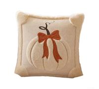 Plush Corduroy Throw Pillow Case 18x18 Inch Autumn(Beige Large Pumpkin) | 3D pumpkin embroidery, linen bow accent, thick corduroy front, plush trim backing, 45x45cm size