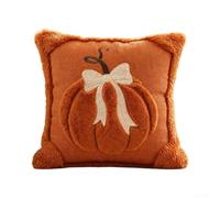 Plush Corduroy Throw Pillow Case 18x18 Inch Autumn(Orange Large Pumpkin) | 3D pumpkin embroidery, linen bow accent, thick corduroy front, plush trim backing, 45x45cm size