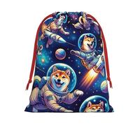 Plush Cosmic-Shiba-Journey Christmas Drawstring Present Bags Large Size, Soft Velvet Goodie Bags With Red Ribbon Closure For Holiday Party Favors And Present Wrapping