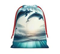 Plush Dolphins-Leaping-Ocean Christmas Drawstring Present Bags Large Size, Soft Velvet Goodie Bags With Red Ribbon Closure For Holiday Party Favors And Present Wrapping