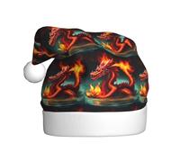 Plush Dragon King in Fire Christmas Hat, festive costume accessory, soft to the touch, perfect for Christmas and holiday parties.