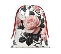 Plush Elegant-Blooming-Roses Christmas Drawstring Present Bags Large Size, Soft Velvet Goodie Bags With Red Ribbon Closure For Holiday Party Favors And Present Wrapping