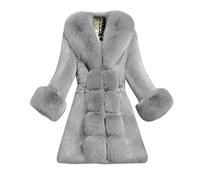 Plush Elegant Trench Coats for Women UK Fleece Waisted Jackets Long-Sleeved V Neck Thermal Ladies Cardiagns Faux Fur Long Overcoats Winter Warm Solid Colour Outerwear Soft Pro Skin Coats Grey