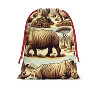 Plush Endangered-Rhino-Desert Christmas Drawstring Present Bags Large Size, Soft Velvet Goodie Bags With Red Ribbon Closure For Holiday Party Favors And Present Wrapping
