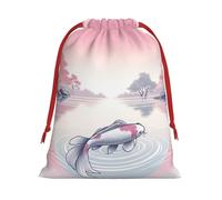 Plush Fish-Sunset-Koi-Carp-Japanese Christmas Drawstring Present Bags Large Size, Soft Velvet Goodie Bags With Red Ribbon Closure For Holiday Party Favors And Present Wrapping