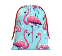 Plush Flamingo-Watercolor-Pattern Christmas Drawstring Present Bags Large Size, Soft Velvet Goodie Bags With Red Ribbon Closure For Holiday Party Favors And Present Wrapping