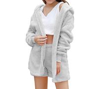 Plush Fleece Pyjamas Sets Women 3 Piece Pajamas Long Sleeve Fluffy Hooded Jacket With Open Front Coat & Shorts & Vest Suit Sleepwear Winter Soft Warm Teddy Fleece Pjs Ladies Loungewear Nightwear Grey
