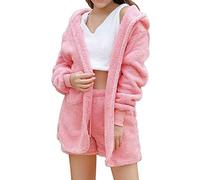 Plush Fleece Pyjamas Sets Women 3 Piece Pajamas Long Sleeve Fluffy Hooded Jacket With Open Front Coat & Shorts & Vest Suit Sleepwear Winter Soft Warm Teddy Fleece Pjs Ladies Loungewear Nightwear Pink