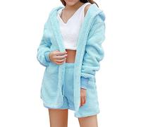 Plush Fleece Pyjamas Sets Women 3 Piece Pajamas Long Sleeve Fluffy Hooded Jacket With Open Front Coat & Shorts & Vest Suit Sleepwear Winter Soft Warm Teddy Fleece Pjs Ladies Loungewear Nightwear