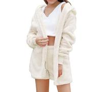 Plush Fleece Pyjamas Sets Women 3 Piece Pajamas Long Sleeve Fluffy Hooded Jacket With Open Front Coat & Shorts & Vest Suit Sleepwear Winter Soft Warm Teddy Fleece Pjs Ladies Loungewear Nightwear