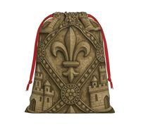 Plush Fleur-De-Lis Castle Design Christmas Drawstring Present Bags Large Size, Soft Velvet Goodie Bags With Red Ribbon Closure For Holiday Party Favors And Present Wrapping