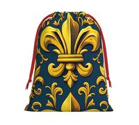 Plush Fleur-De-Lis-Gold-Blue Christmas Drawstring Present Bags Large Size, Soft Velvet Goodie Bags With Red Ribbon Closure For Holiday Party Favors And Present Wrapping