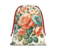 Plush Floral-Peach-Blossoms Christmas Drawstring Present Bags Large Size, Soft Velvet Goodie Bags With Red Ribbon Closure For Holiday Party Favors And Present Wrapping