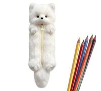 Plush Fox Pencil Case for Girls Women - Cute Fluffy Animal Shaped Zipper Pouch, Portable Pen Holder Stationery Storage Bag, Cosmetic Organizer for School Office Travel Supplies，White