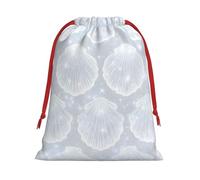 Plush Glitter Silver Seashell Christmas Drawstring Present Bags Large Size, Soft Velvet Goodie Bags With Red Ribbon Closure For Holiday Party Favors And Present Wrapping