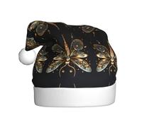 Plush Golden Delicate Dragonfly on Black Background Christmas Hat, festive costume accessory, soft to the touch, perfect for Christmas and holiday parties.