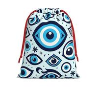 Plush Greece-Bead-Blue-Evil-Eye Christmas Drawstring Present Bags Large Size, Soft Velvet Goodie Bags With Red Ribbon Closure For Holiday Party Favors And Present Wrapping
