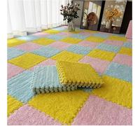 Plush Interlocking Foam Mat 12x12inch Square Puzzle Floor Tiles Soft Fluffy Carpet Foam Tiles Fuzzy Floor Rugs(Yellow+Pink+Light Blue)