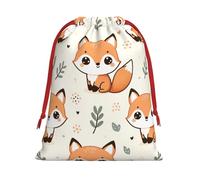 Plush Kawaii-Cute-Fox Christmas Drawstring Present Bags Large Size, Soft Velvet Goodie Bags With Red Ribbon Closure For Holiday Party Favors And Present Wrapping