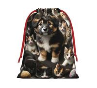 Plush Kawaii-Kittens-Puppy Christmas Drawstring Present Bags Large Size, Soft Velvet Goodie Bags With Red Ribbon Closure For Holiday Party Favors And Present Wrapping