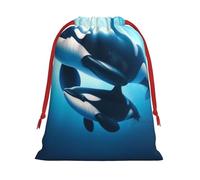 Plush Killer-Whales-Ocean Christmas Drawstring Present Bags Large Size, Soft Velvet Goodie Bags With Red Ribbon Closure For Holiday Party Favors And Present Wrapping