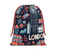 Plush London-Iconic-British-Pattern Christmas Drawstring Present Bags Large Size, Soft Velvet Goodie Bags With Red Ribbon Closure For Holiday Party Favors And Present Wrapping