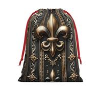 Plush Luxury-Fleur-De-Lis-Bronze Christmas Drawstring Present Bags Large Size, Soft Velvet Goodie Bags With Red Ribbon Closure For Holiday Party Favors And Present Wrapping