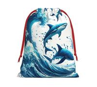 Plush Marine-Sharks-Swirling-Ocean-Waves Christmas Drawstring Present Bags Large Size, Soft Velvet Goodie Bags With Red Ribbon Closure For Holiday Party Favors And Present Wrapping