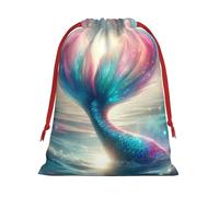 Plush Mermaid-Tail-Cosmic-Sky Christmas Drawstring Present Bags Large Size, Soft Velvet Goodie Bags With Red Ribbon Closure For Holiday Party Favors And Present Wrapping