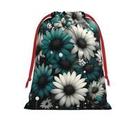 Plush Modern-Teal-Flowers-Dots Christmas Drawstring Present Bags Large Size, Soft Velvet Goodie Bags With Red Ribbon Closure For Holiday Party Favors And Present Wrapping