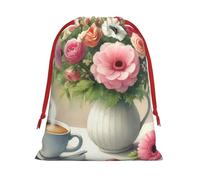 Plush Morning-Bloom-And-Coffee Christmas Drawstring Present Bags Large Size, Soft Velvet Goodie Bags With Red Ribbon Closure For Holiday Party Favors And Present Wrapping