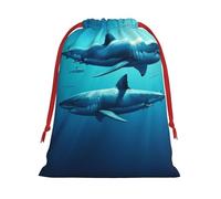 Plush Ocean-Wave-Shark Christmas Drawstring Present Bags Large Size, Soft Velvet Goodie Bags With Red Ribbon Closure For Holiday Party Favors And Present Wrapping