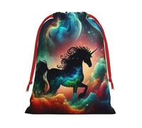 Plush Planets-One-Horned-Horse Christmas Drawstring Present Bags Large Size, Soft Velvet Goodie Bags With Red Ribbon Closure For Holiday Party Favors And Present Wrapping
