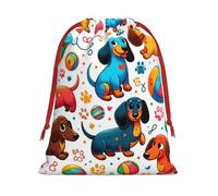Plush Playful-Dachshund-Fun Christmas Drawstring Present Bags Large Size, Soft Velvet Goodie Bags With Red Ribbon Closure For Holiday Party Favors And Present Wrapping