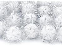 Plush Pompoms with Silver Glitter 10 mm, Pack of 200 Round Mini Pompoms, White Colour Set Bobble Sewing Tilda Craft Border Balls Fluffy Plush Balls for Funny DIY Creative Crafts