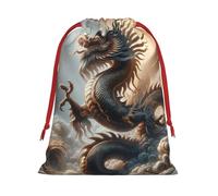 Plush Powerful-Mystical-Dragon Christmas Drawstring Present Bags Large Size, Soft Velvet Goodie Bags With Red Ribbon Closure For Holiday Party Favors And Present Wrapping