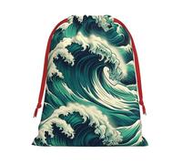 Plush Powerful-Ocean-Wave Christmas Drawstring Present Bags Large Size, Soft Velvet Goodie Bags With Red Ribbon Closure For Holiday Party Favors And Present Wrapping