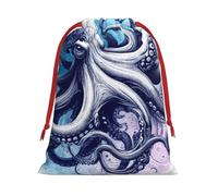 Plush Powerful-Watercolor-Inkfish Christmas Drawstring Present Bags Large Size, Soft Velvet Goodie Bags With Red Ribbon Closure For Holiday Party Favors And Present Wrapping