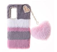 Plush Protective Compatible with Samsung Galaxy A16 Fur Bunny Furry Phone Cover Plush Case Skin Cover Cute Soft Warm Fluffy Case Love Pendant for Women Girls Shell Splicing Black Furry Fluffy Cases