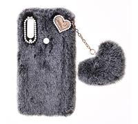 Plush Protective for Samsung Galaxy A20E Fur Bunny Furry Phone Cover Plush Case Skin Cover Cute Soft Warm Fluffy Case Love Pendant for Women Girls Shell Cute Black Furry Fluffy Glitter Phone Cases