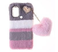 Plush Protective for Samsung Galaxy A21S Fur Bunny Furry Phone Cover Plush Case Skin Cover Cute Soft Warm Fluffy Case Love Pendant for Women Girls Shell Splicing Black Furry Fluffy Glitter Cases