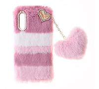Plush Protective for Samsung Galaxy A50 Fur Bunny Furry Phone Cover Plush Case Skin Cover Cute Soft Warm Fluffy Case Love Pendant for Women Girls Shell Splicing Pink Furry Fluffy Glitter Cases