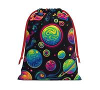 Plush Psychedelic-Planet-Pattern Christmas Drawstring Present Bags Large Size, Soft Velvet Goodie Bags With Red Ribbon Closure For Holiday Party Favors And Present Wrapping